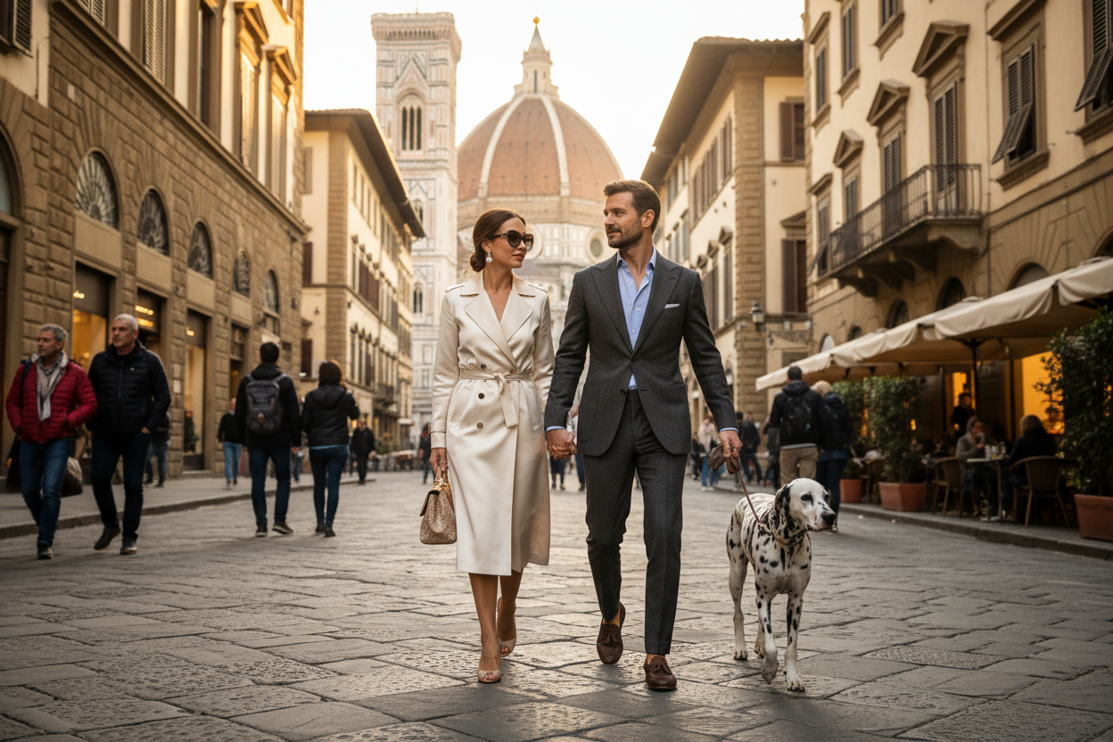 una donna e un uomo vestiti eleganti che passeggiano per firenze con un dalmata 